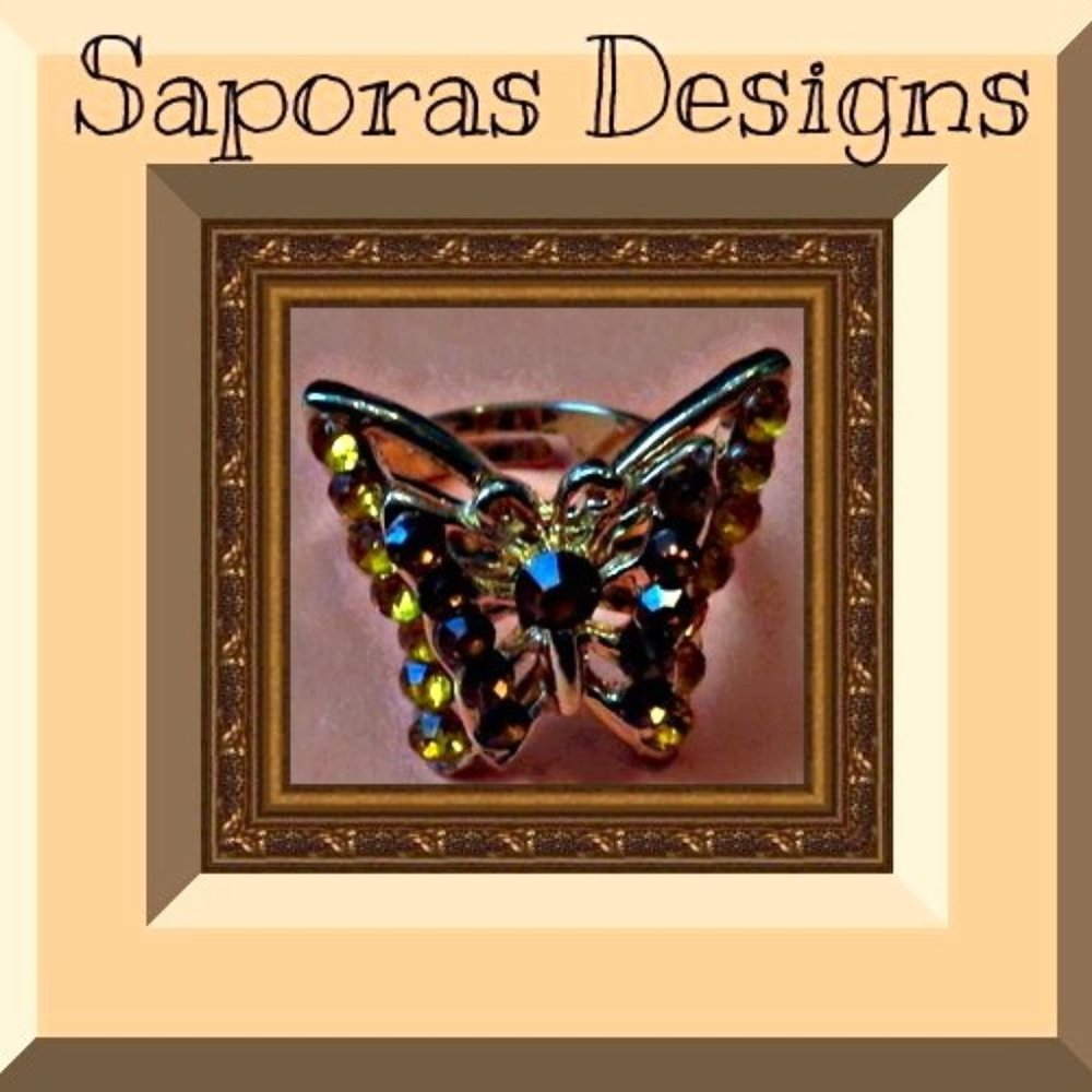 Gold Tone Butterfly Design Ring With Brown Rhinestones Size 7 & Adjustable